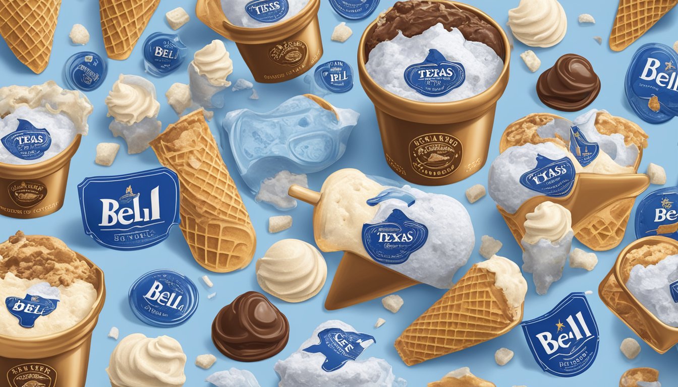 A display of Blue Bell ice cream surrounded by Texas brand logos