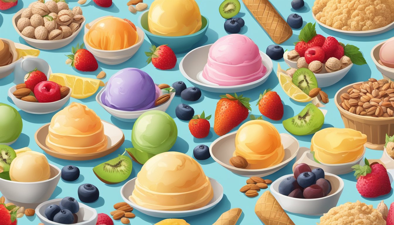 A colorful array of ice cream flavors arranged on a table, surrounded by fresh fruit and nuts. A scale sits nearby, symbolizing the idea of incorporating ice cream into a balanced diet