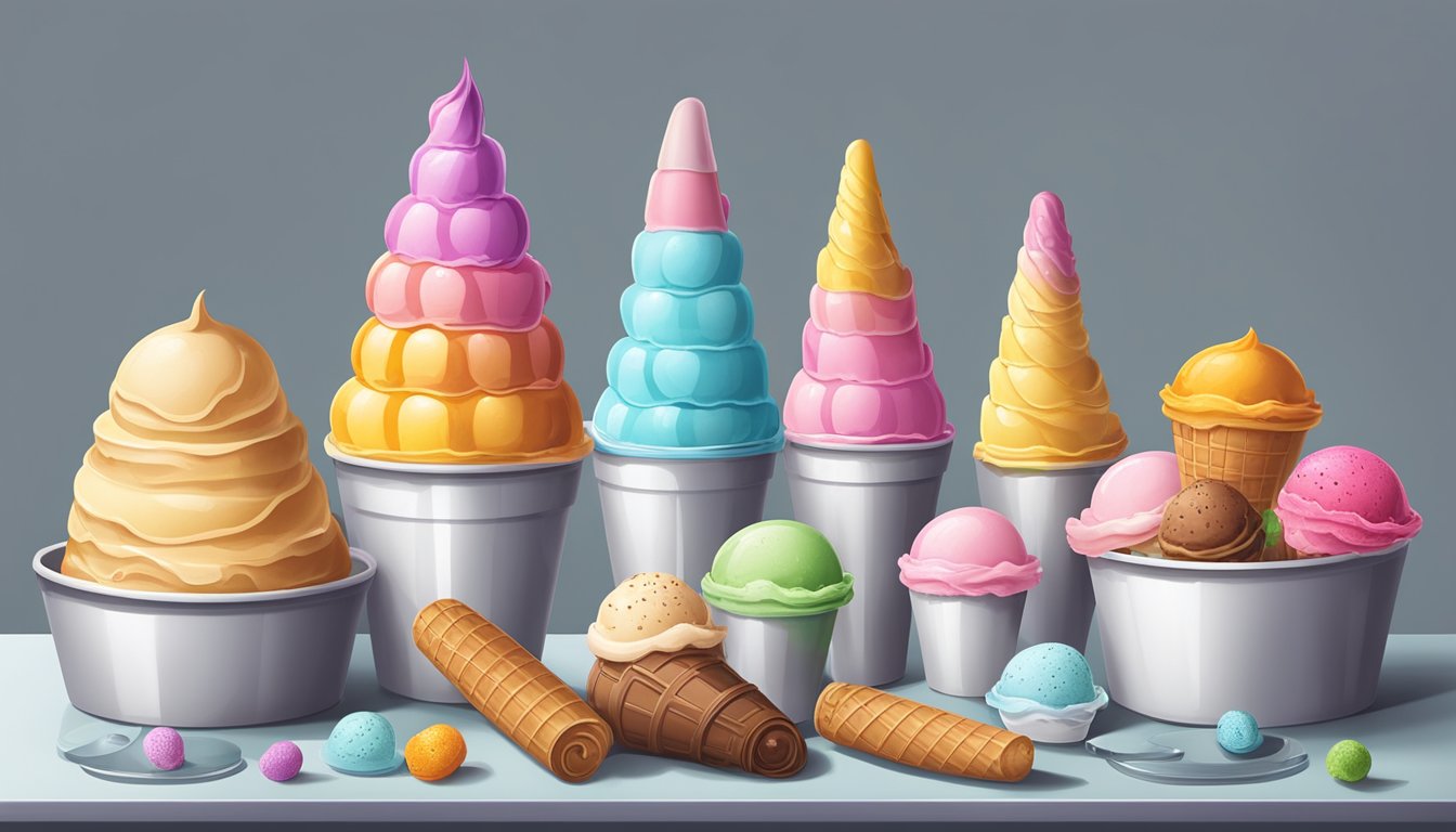 A colorful array of ice cream cones and tubs arranged on a table, surrounded by measuring tape and a scale