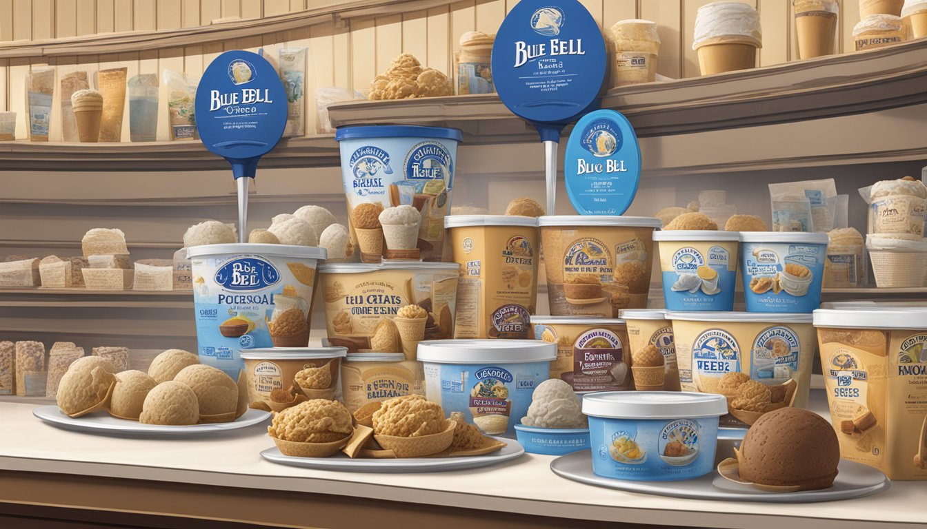 Blue Bell ice cream displayed alongside products from other Texas brands in a retail setting