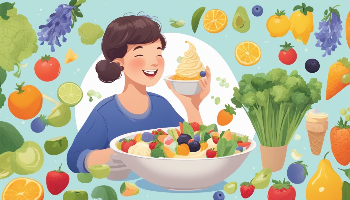 A person happily eating a bowl of bluebell ice cream surrounded by various fruits and vegetables