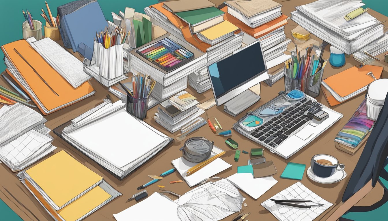 A cluttered desk with scattered art supplies, books, and papers transforms into an organized workspace with neatly arranged supplies and a completed art project