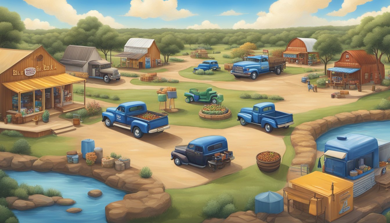 A vibrant Texas landscape with iconic brands' products integrated into the scenery, showcasing the collaboration between Blue Bell and other Texas brands