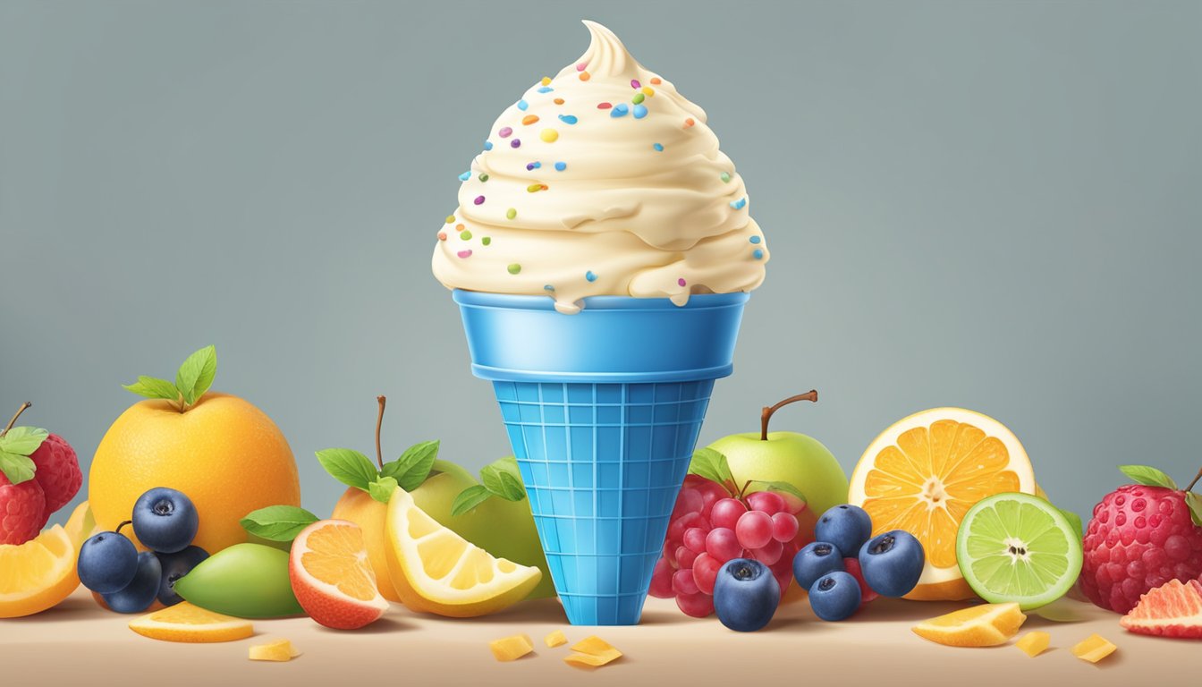 A smiling blue bell ice cream cone surrounded by fresh fruits and a measuring tape