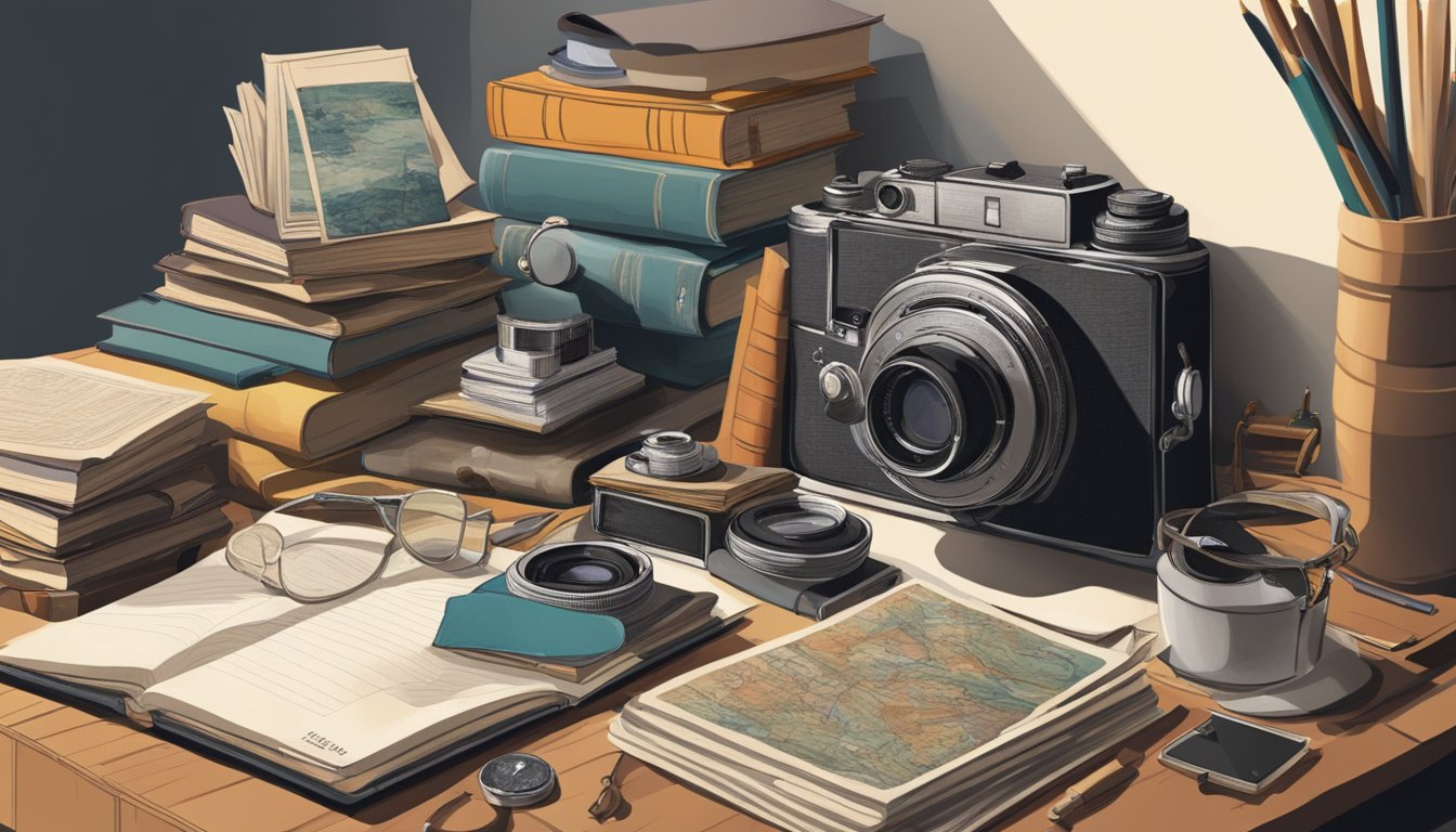 A cluttered desk with scattered photos, a vintage camera, and a stack of old books