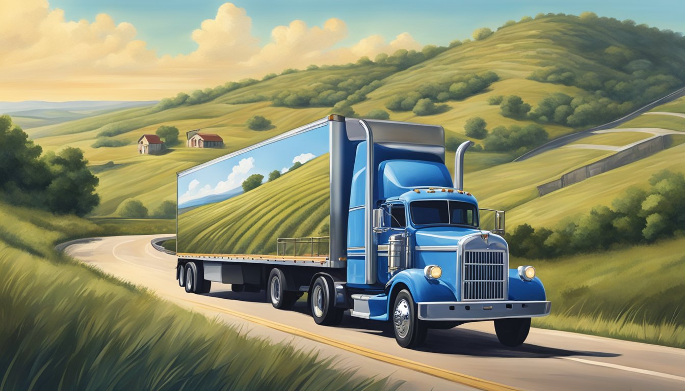 A vintage Blue Bell truck driving along a scenic Texas highway, with rolling hills and blue skies in the background