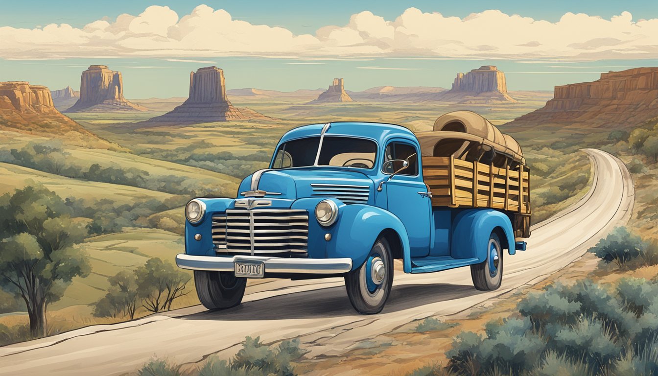 A vintage blue truck with a bell logo drives through rolling Texas hills, passing by iconic landmarks and a lone cowboy on horseback