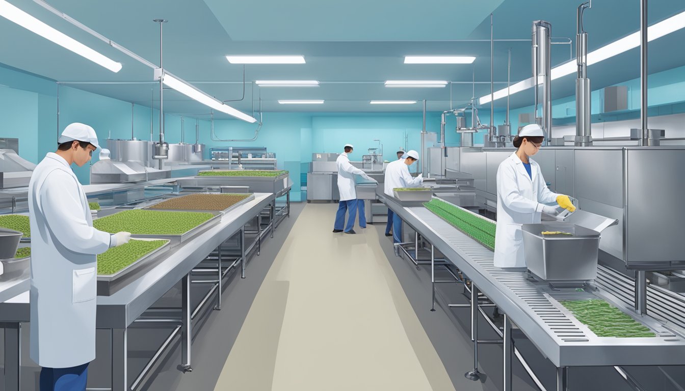 A modern food production facility with workers in lab coats, sanitizing equipment, and conducting quality control tests on Blue Bell's products