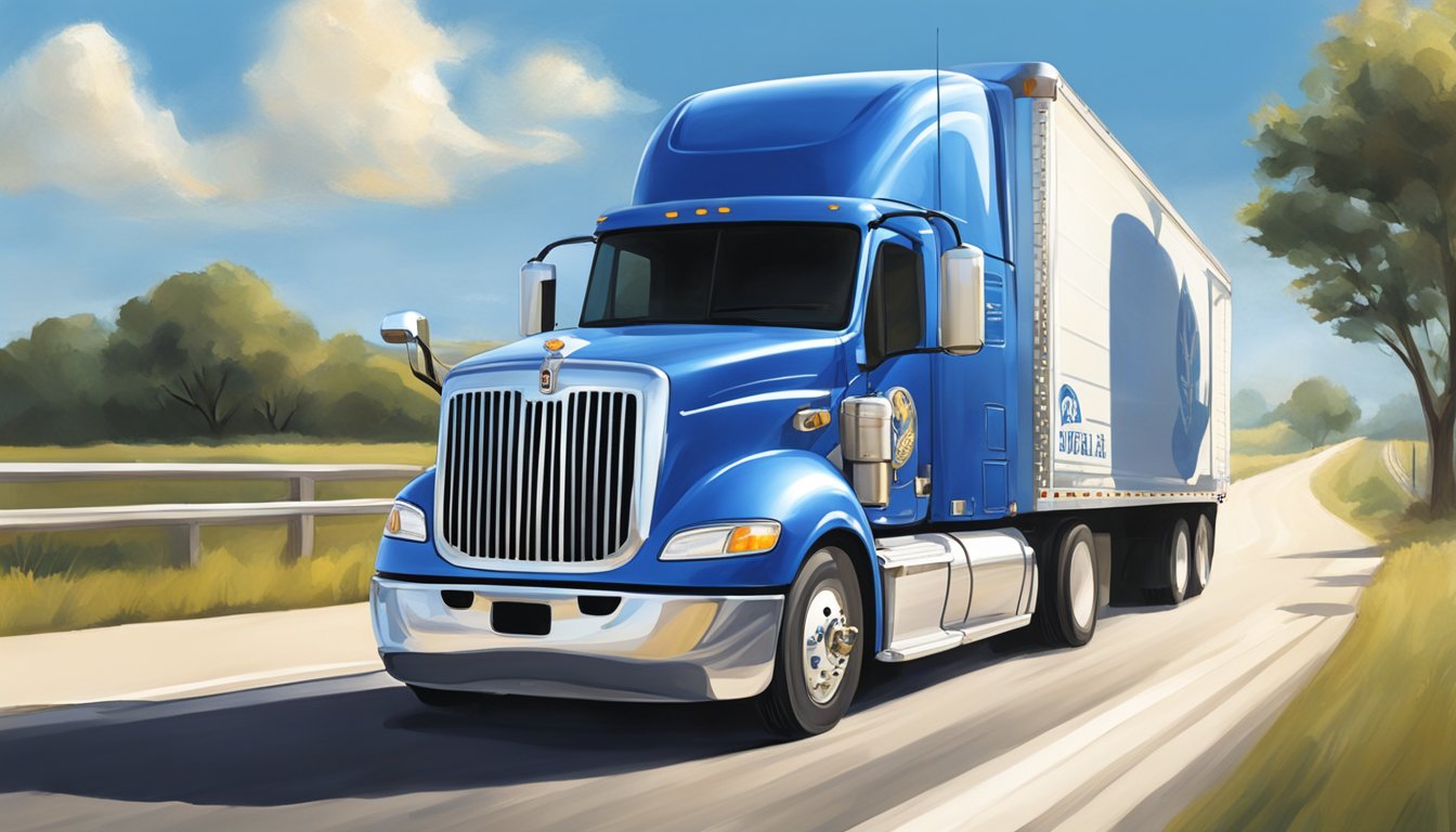 A Blue Bell truck travels on a Texas highway, with the iconic blue and white logo prominently displayed. The sun shines down on the pristine vehicle, symbolizing the company's commitment to food safety and quality control