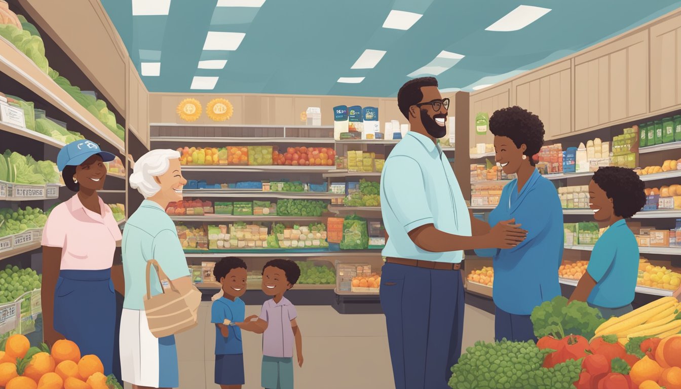 Blue Bell representatives shaking hands with local grocery store owners, surrounded by shelves of fresh produce and smiling community members