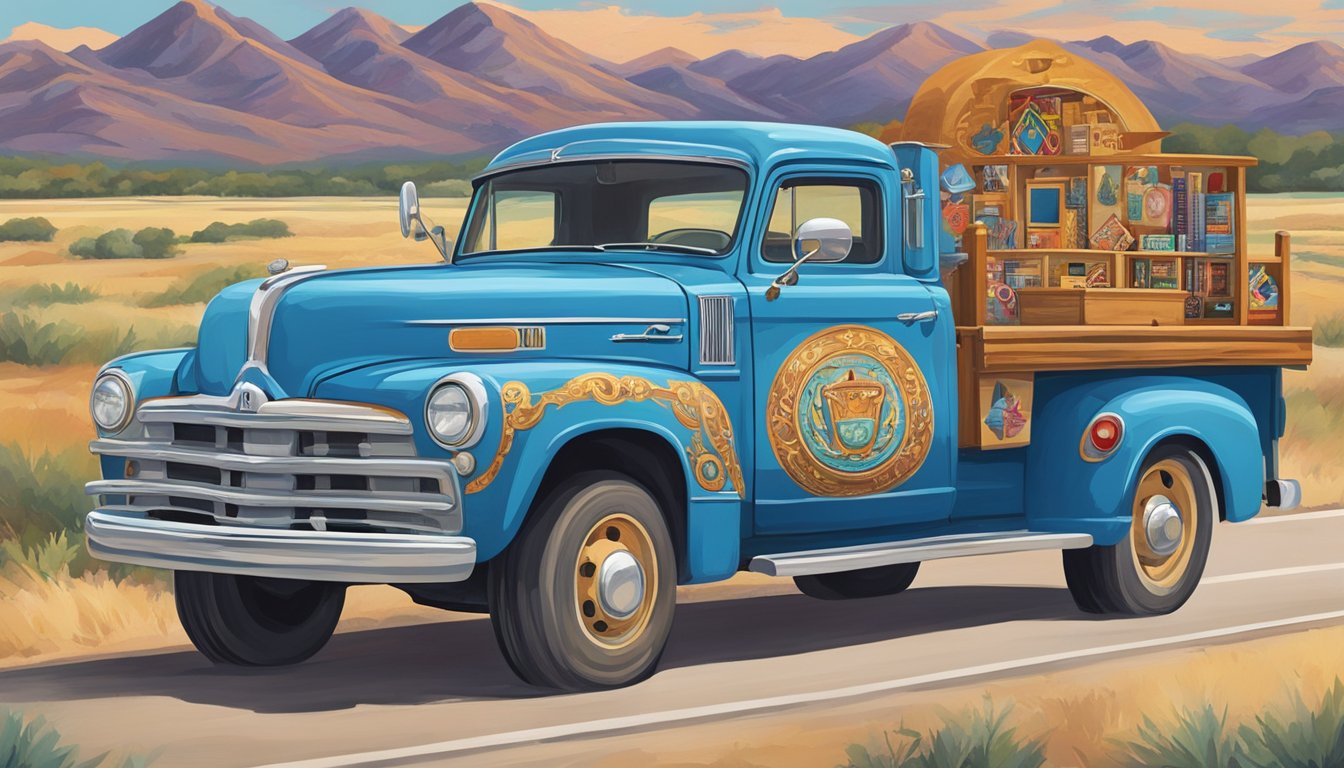 A vintage blue truck cruising through Texas highways, adorned with colorful cultural symbols and attracting attention from the local community