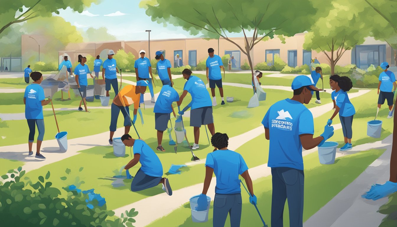 A group of volunteers in blue shirts clean up a local park, while others paint a mural on a community center wall