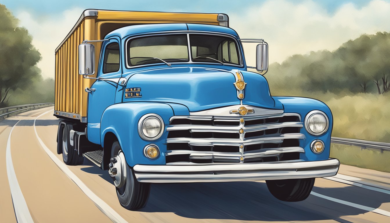 A vintage blue truck driving on a Texas highway, with the iconic blue bell flower logo on its side