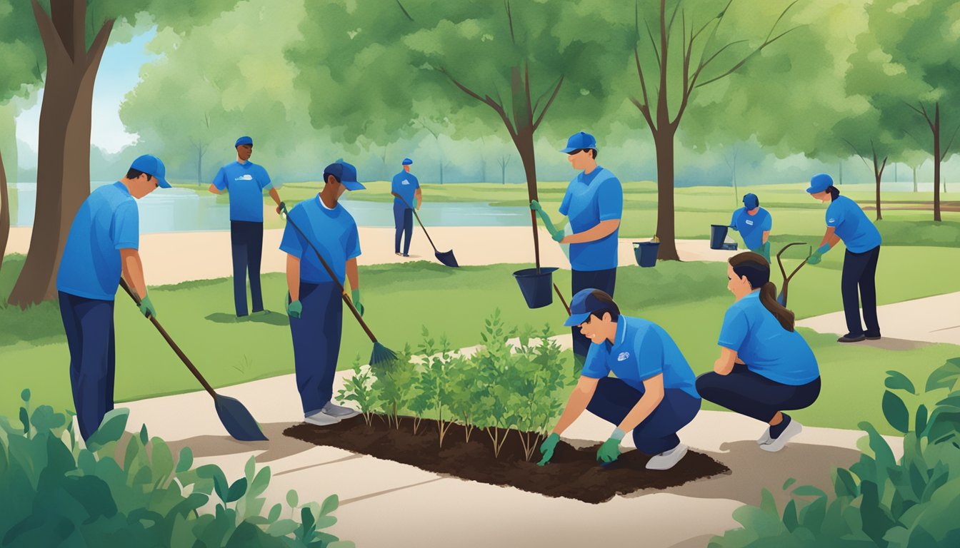 A group of Blue Bell employees planting trees in a local park, while others clean up litter along the riverbank