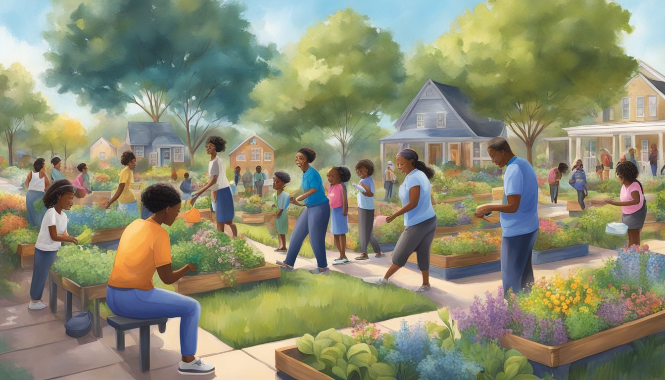 A group of diverse individuals gather in a vibrant community setting, engaging in various activities such as gardening, education, and art, all supported by Blue Bell's philanthropic efforts