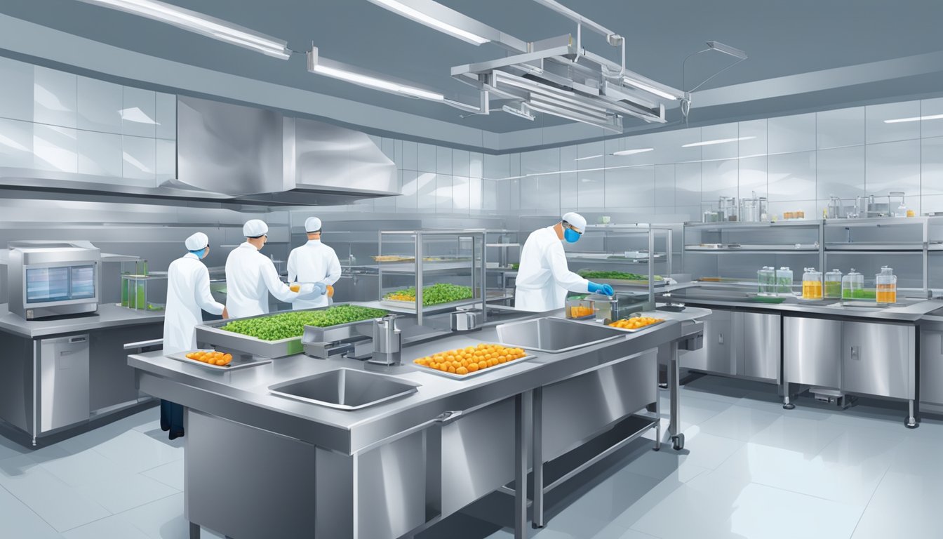 A modern food safety lab with state-of-the-art equipment and technology, staffed by diligent professionals, working to ensure the highest standards of quality and safety