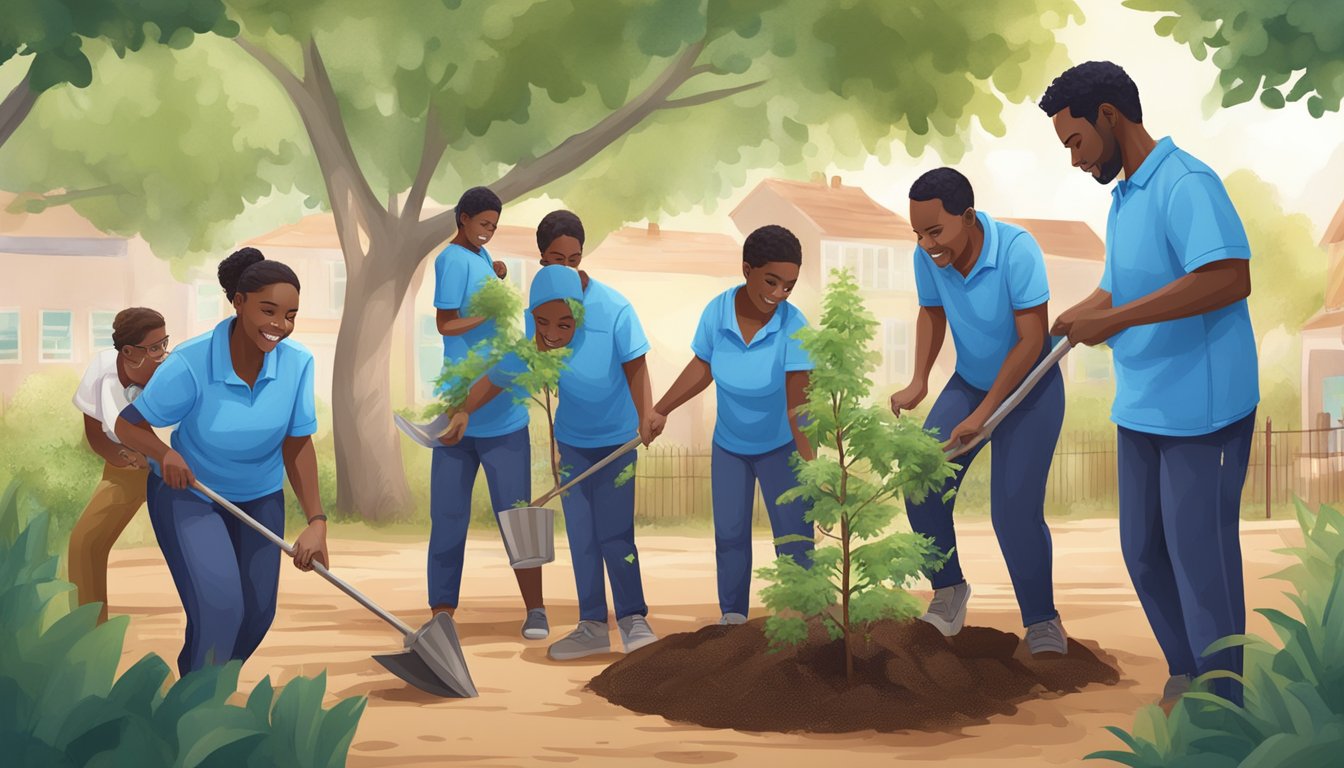 A group of people in blue shirts planting trees and building a playground in a local community