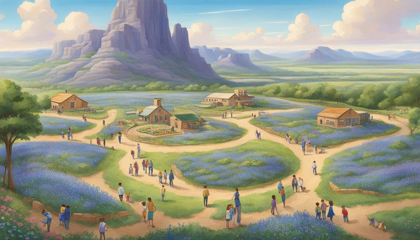 A sprawling Texas landscape with a towering bluebell flower at the center, surrounded by school lunch trays and children playing