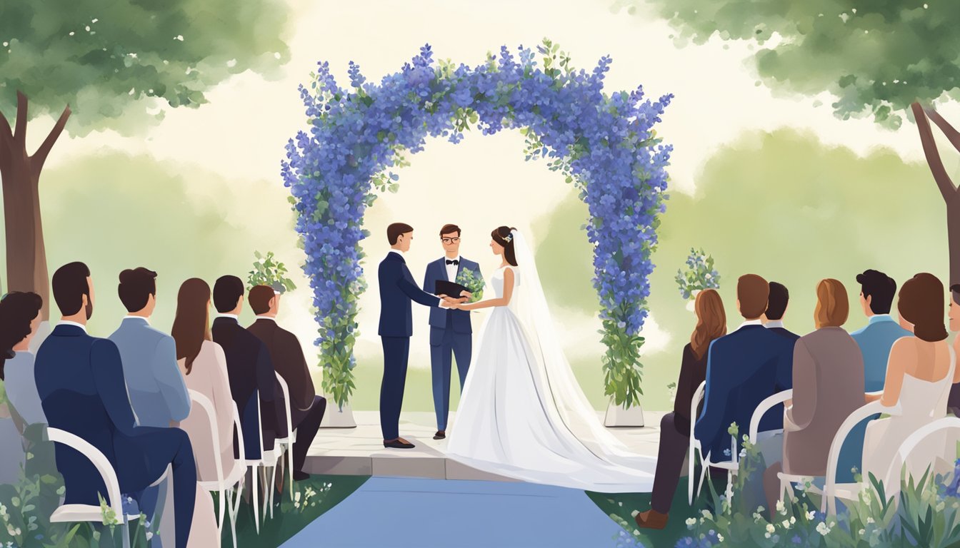 A bride and groom exchange vows under a blooming bluebell arch in a modern Texas wedding ceremony