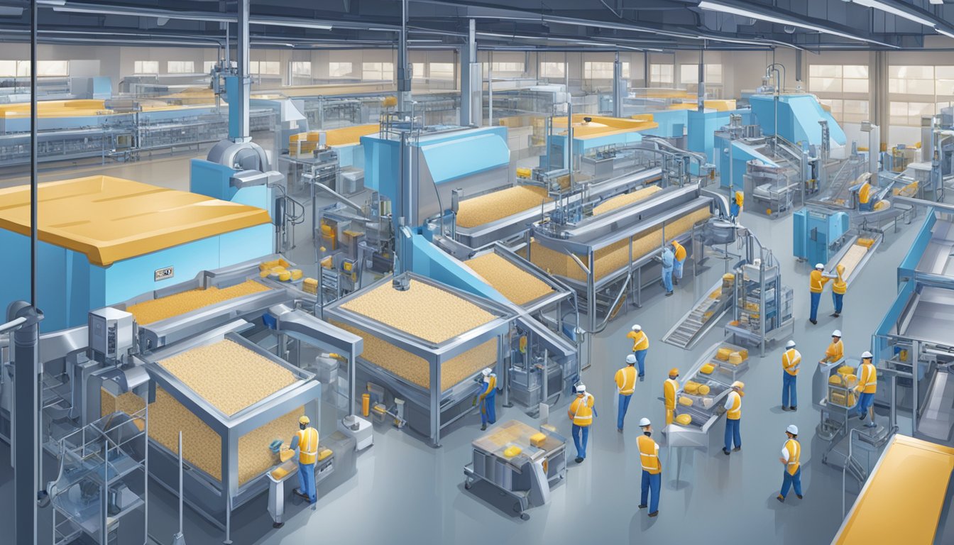 A bustling factory floor with workers and machinery producing Blue Bell ice cream in a large, modern facility