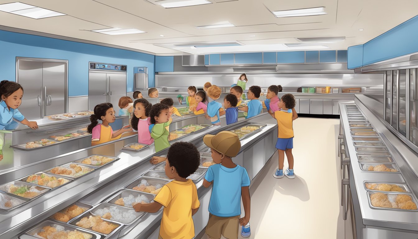 A school cafeteria with children lined up, trays in hand, eagerly selecting Blue Bell ice cream as part of their Texas school lunch