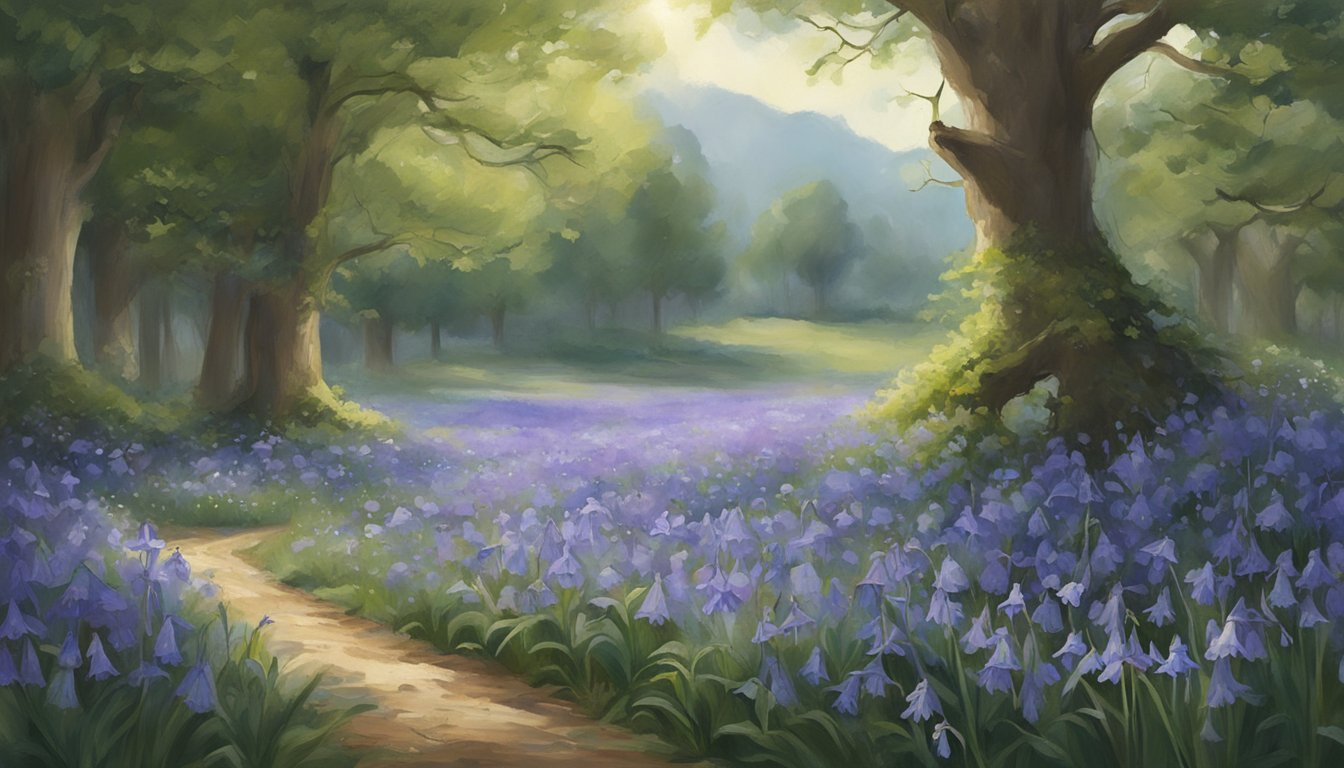 A lone bluebell blooms in a field, surrounded by protective charms and symbols of good fortune