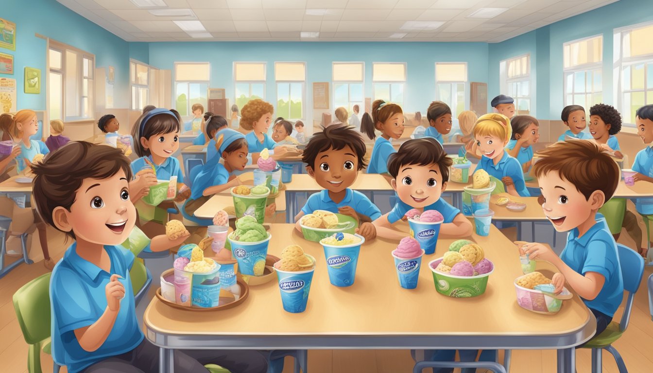 A group of children enjoying Blue Bell ice cream products in a school cafeteria, with lunch trays and colorful packaging on the tables