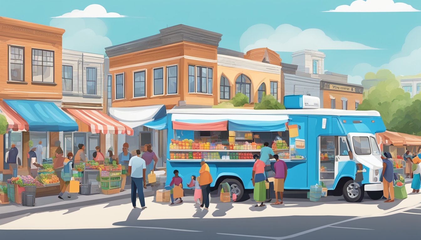 A bustling market with vendors selling goods, and a prominent Blue Bell ice cream truck offering low prices