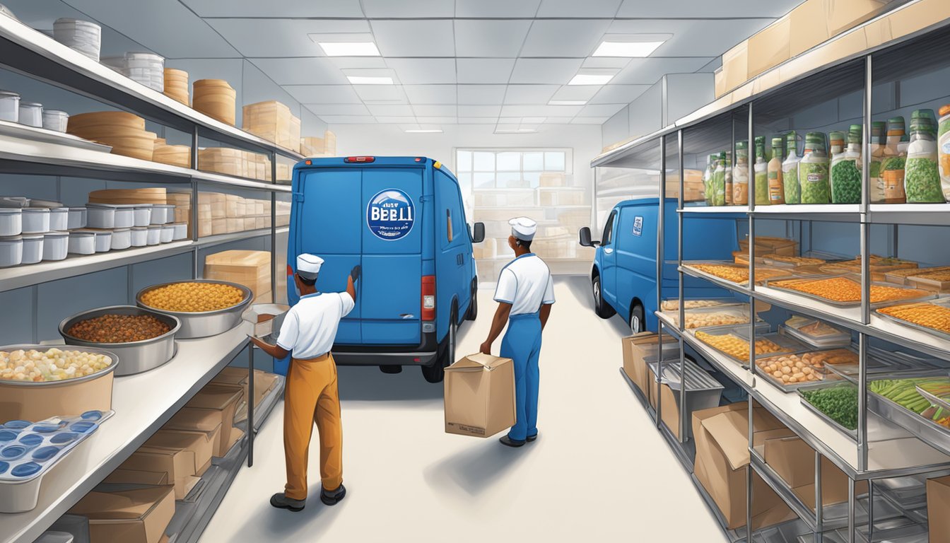 A bustling kitchen with chefs preparing meals, shelves stocked with Blue Bell products, and delivery trucks loading up for school lunch distribution in Texas