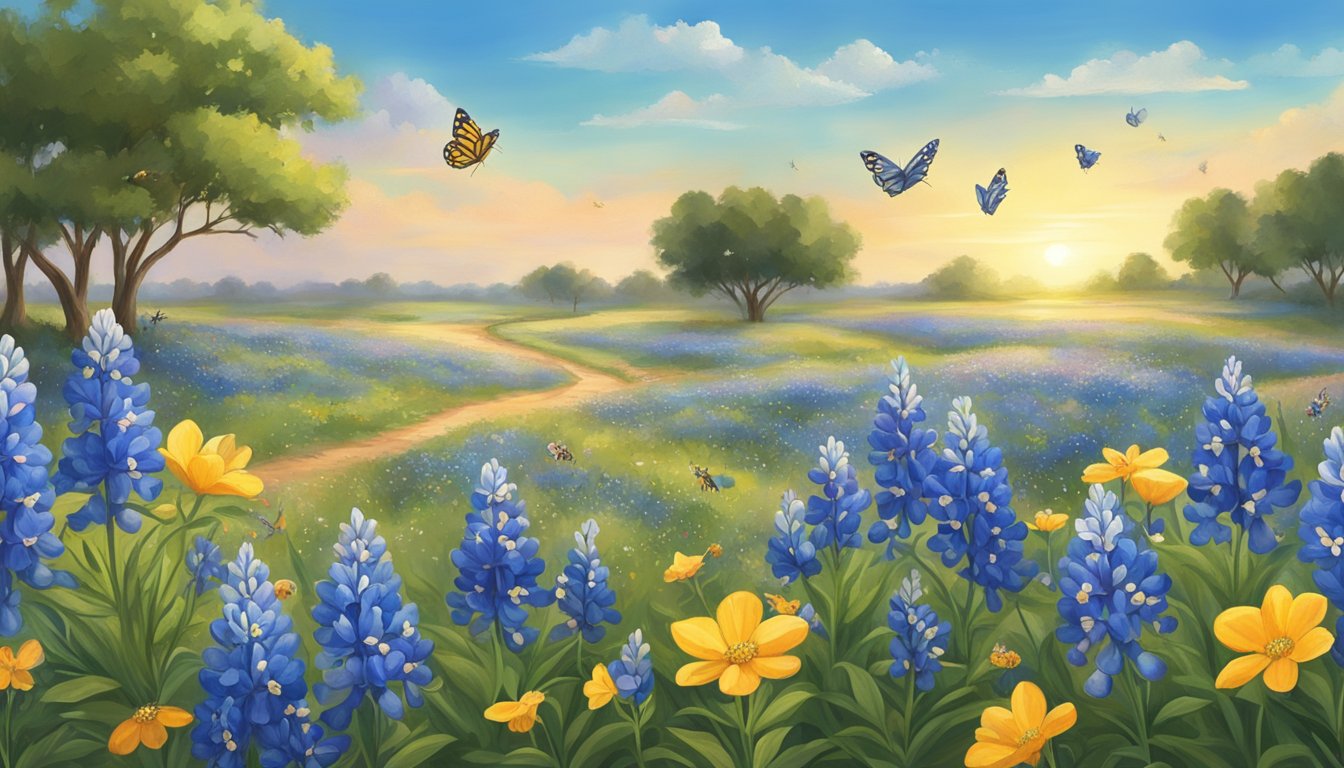 A field of bluebonnets blooming under a bright Texas sky, with butterflies and bees flitting among the flowers