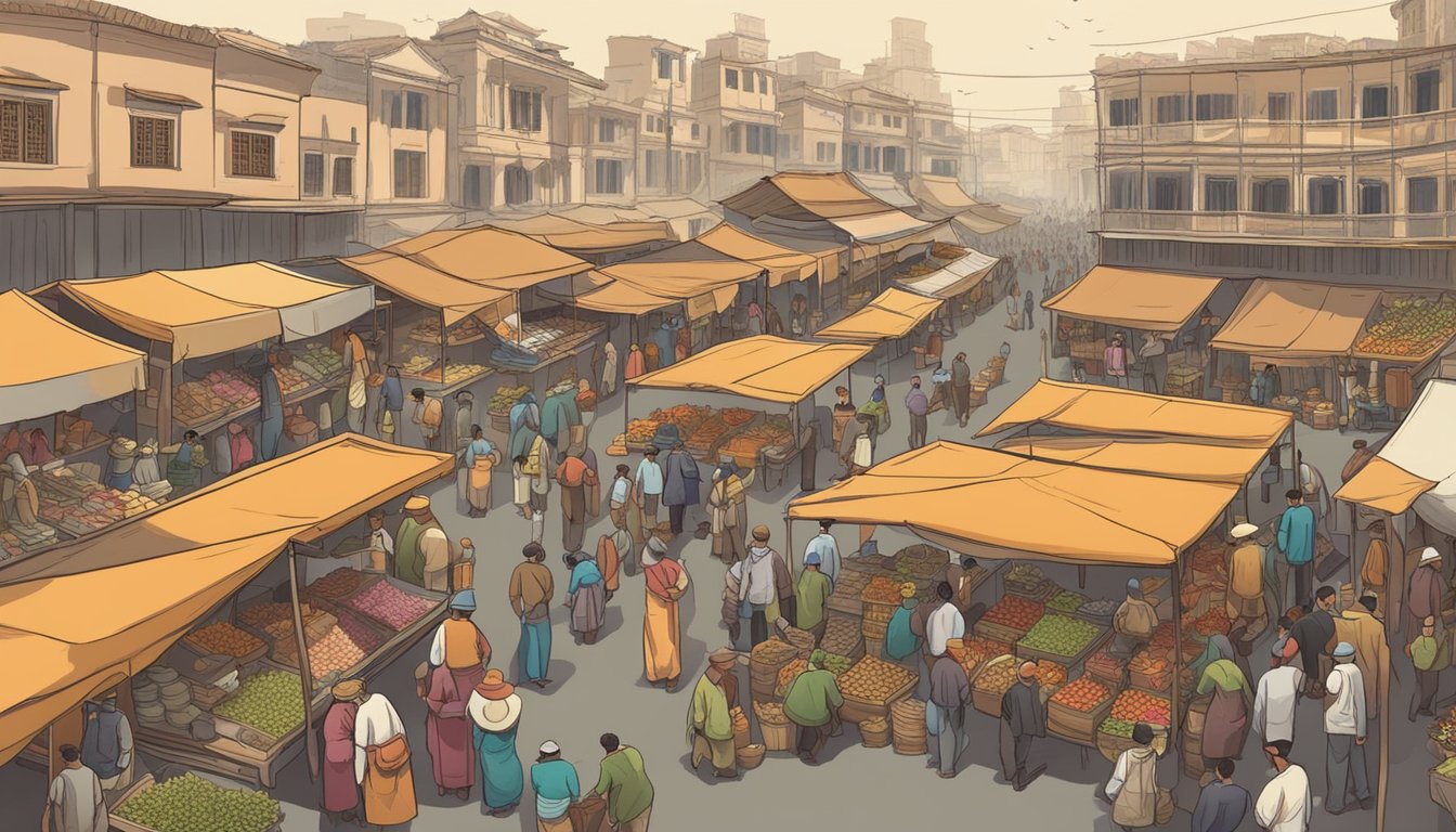 A bustling marketplace with vendors selling goods under the watchful eye of government officials. Prices are kept low through regulations and subsidies