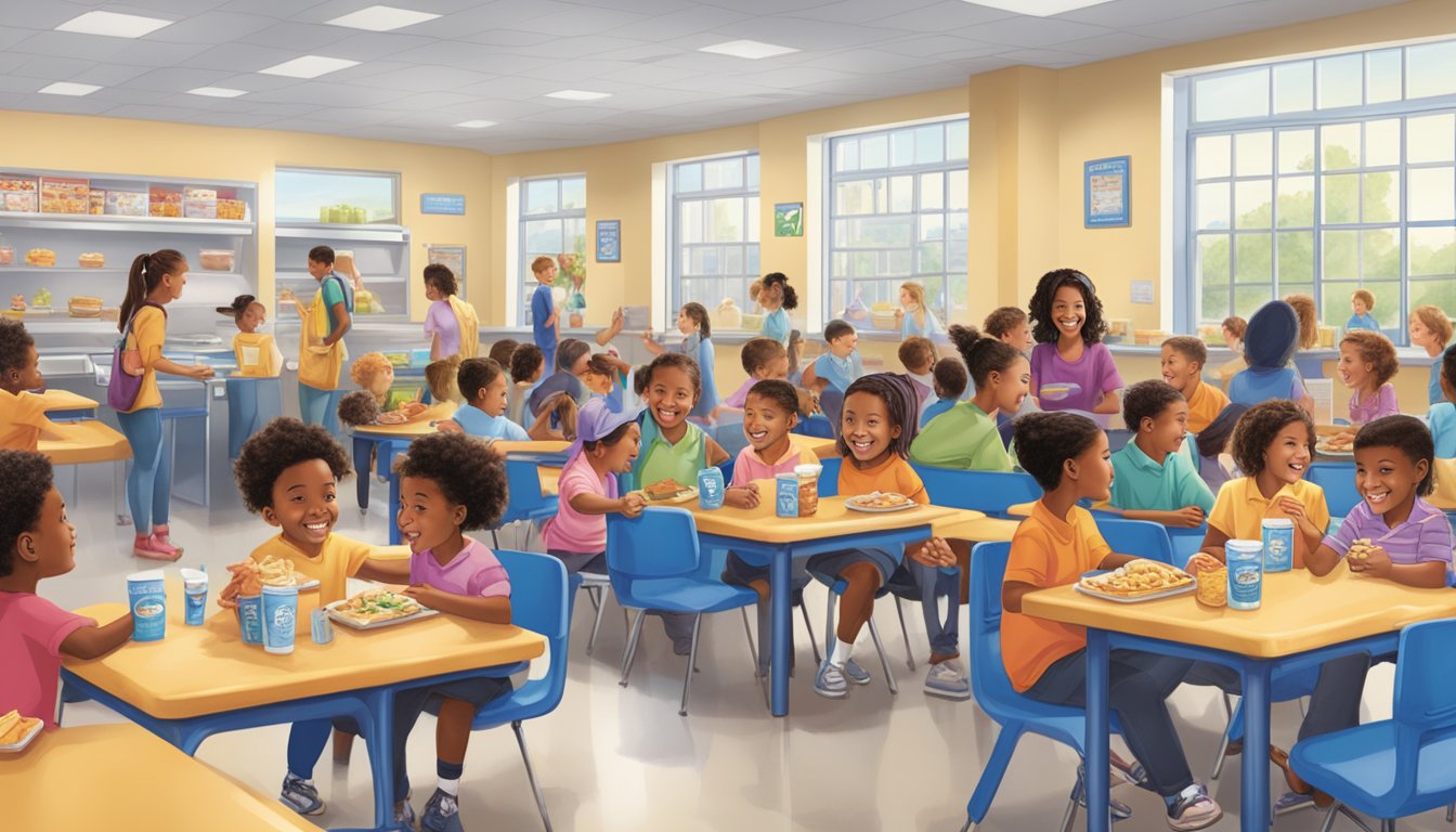 A bustling school cafeteria with children happily eating lunch, featuring Blue Bell products prominently displayed and students engaging in conversation with smiles on their faces