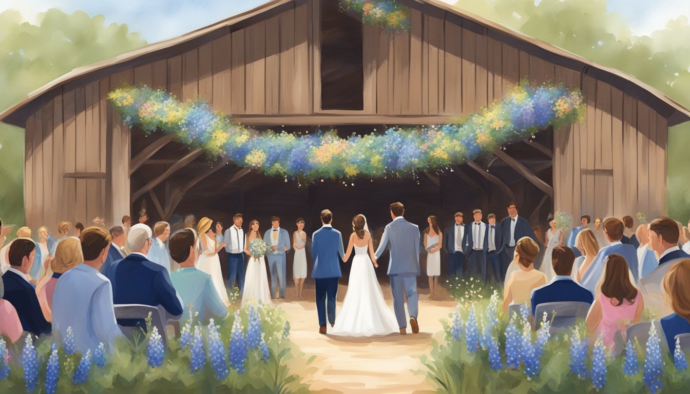 A rustic barn adorned with bluebonnet garlands, a bride and groom exchanging vows beneath an arch of wildflowers, and guests dancing to live country music