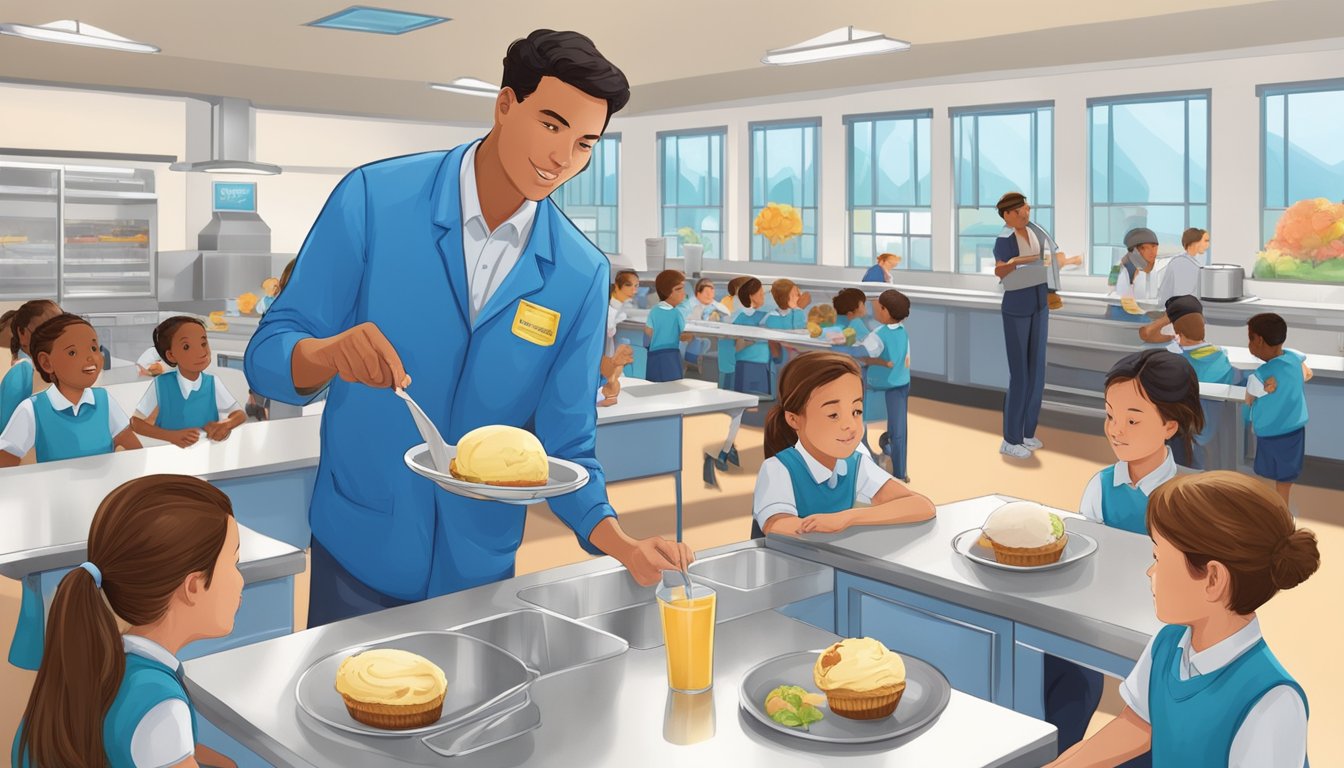 A school cafeteria with Blue Bell ice cream being served to students under the watchful eye of a food safety inspector