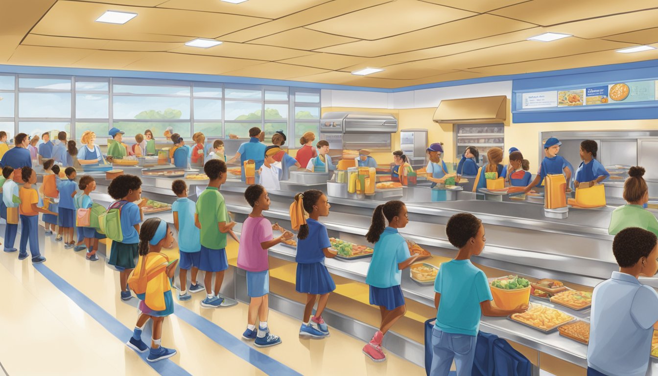 A bustling school cafeteria with students lined up for lunch, as Blue Bell products prominently feature in the menu, showcasing the brand's influence in Texas school lunches