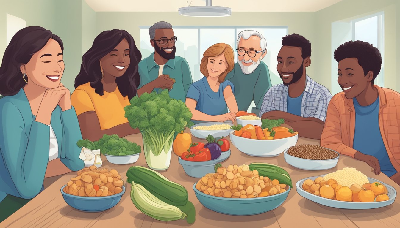 A group of key personalities gather around a table filled with fresh produce, dairy products, and whole grains, discussing their contributions to Texas school lunches