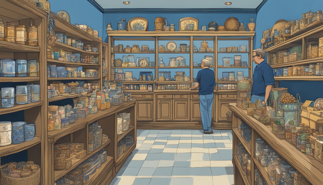 The Blue Bell Gift Shop: shelves filled with unique and rare items, customers browsing through displays of specialty merchandise