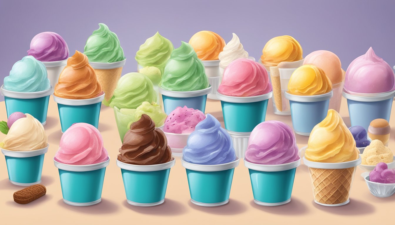 A colorful array of ice cream flavors arranged on a table, with clear labels indicating dietary restrictions and allergens