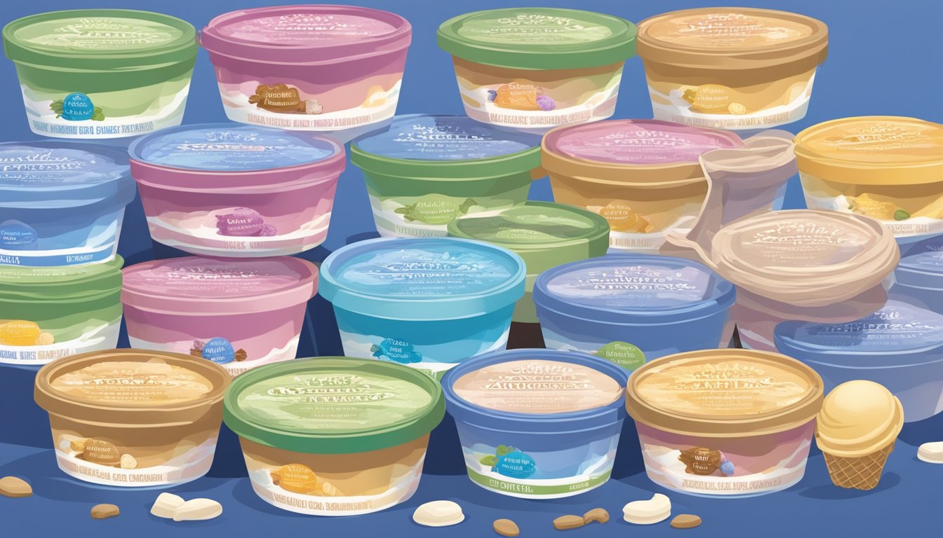 A colorful display of various Blue Bell ice cream flavors and varieties, with clear labeling for dietary restrictions and allergens