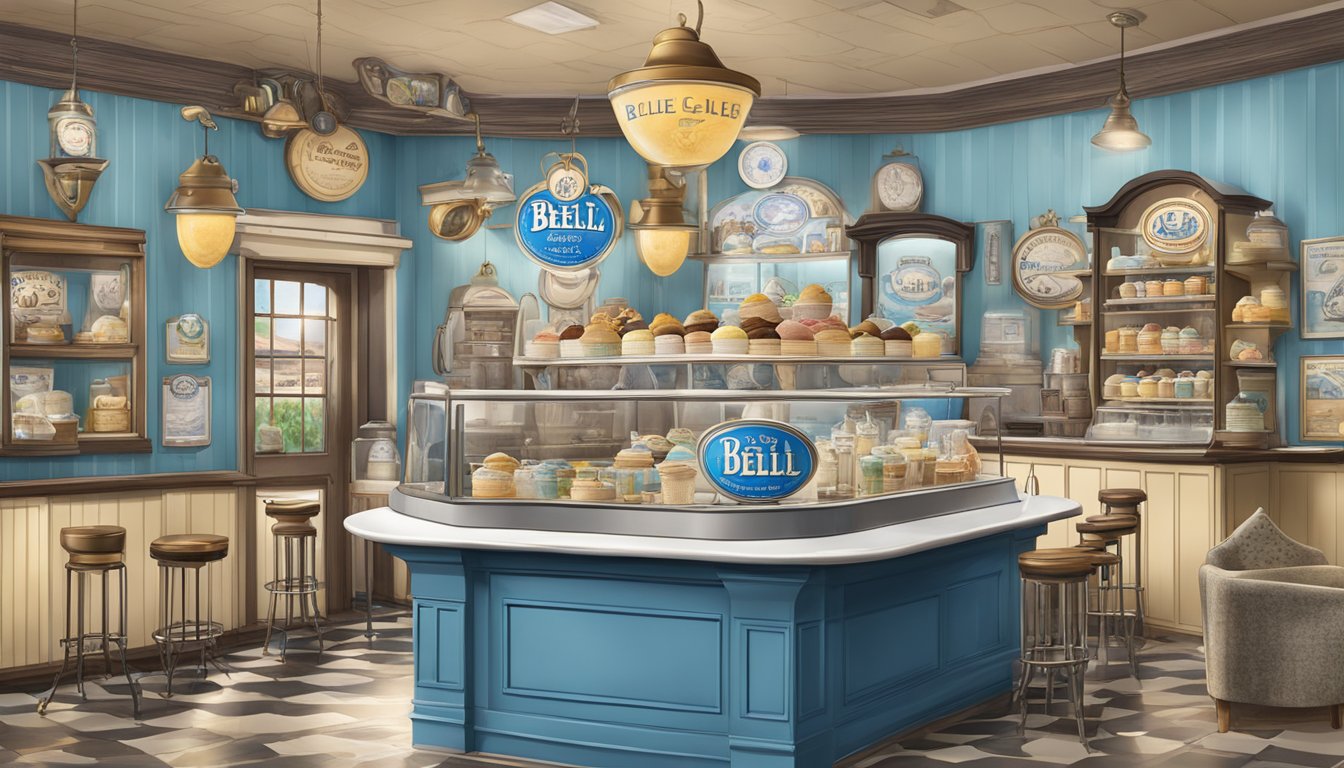 A vintage ice cream parlor with a blue bell logo, surrounded by historical artifacts and memorabilia