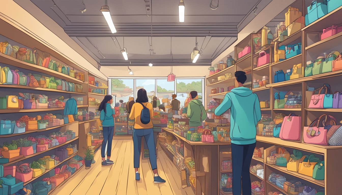 A bustling gift shop filled with shelves of colorful accessories and trinkets. Customers eagerly browse through the merchandise, with some items already sold out