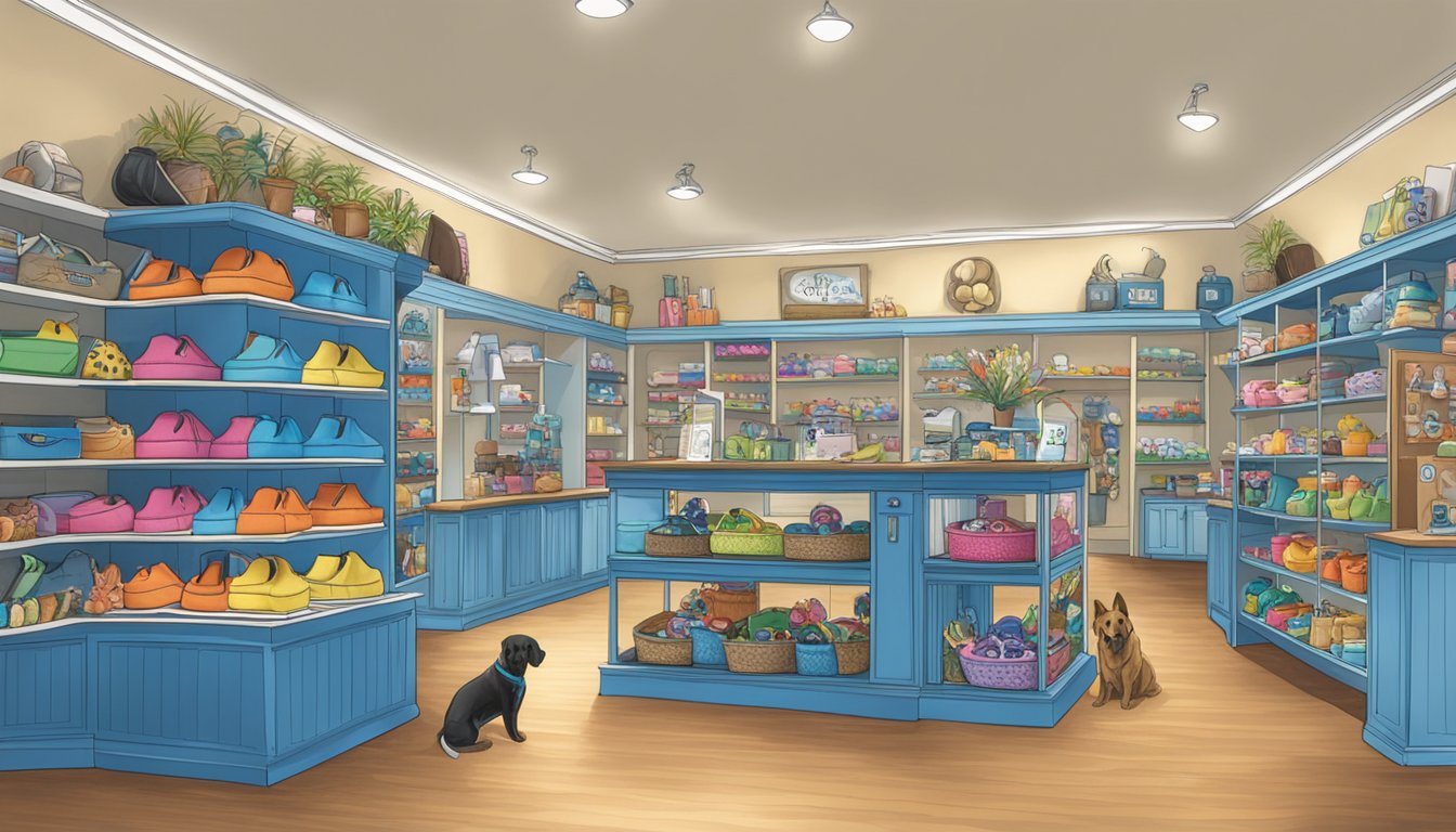 The shelves of The Blue Bell Gift Shop are filled with colorful pet toys, stylish leashes, and personalized pet tags. A display of trendy pet carriers catches the eye, while a section of personalized pet bowls adds a touch of customization to the scene