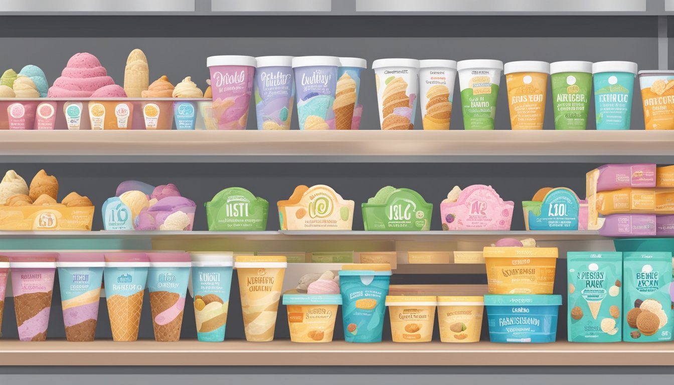 A colorful array of non-dairy and vegan ice cream options displayed on a grocery store shelf, with clear labeling indicating dietary restrictions and allergens