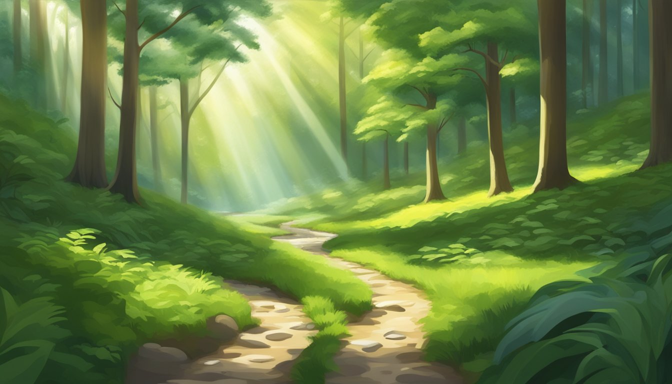 A serene path winding through a lush green forest, with sunlight filtering through the trees onto a clear, babbling stream