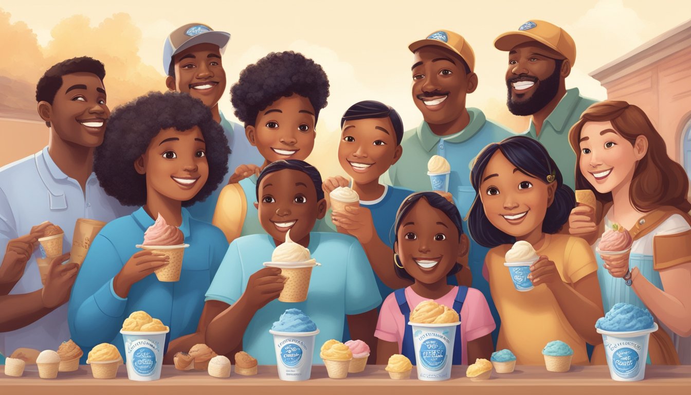 A diverse group of people from around the world enjoying Blue Bell ice cream together, symbolizing unity and friendship through the shared love of the brand's products