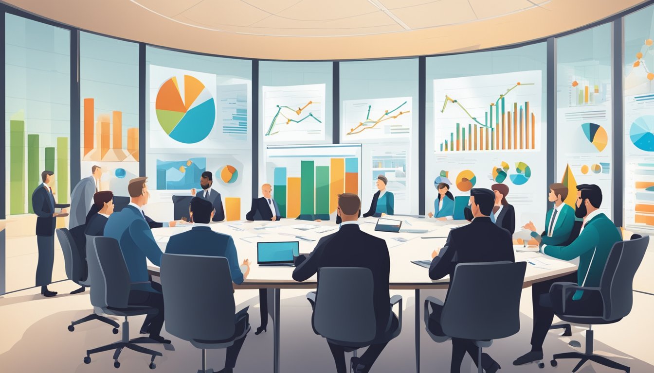 A group of officials in a boardroom, discussing crisis management strategies and regulatory compliance amidst a backdrop of charts and graphs