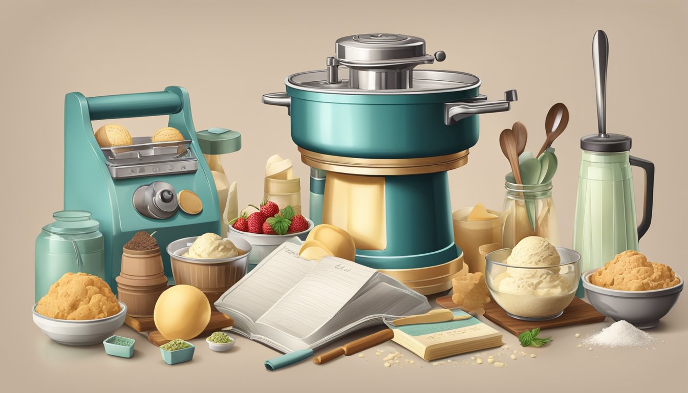 A vintage ice cream maker surrounded by ingredients and recipe book on a kitchen counter