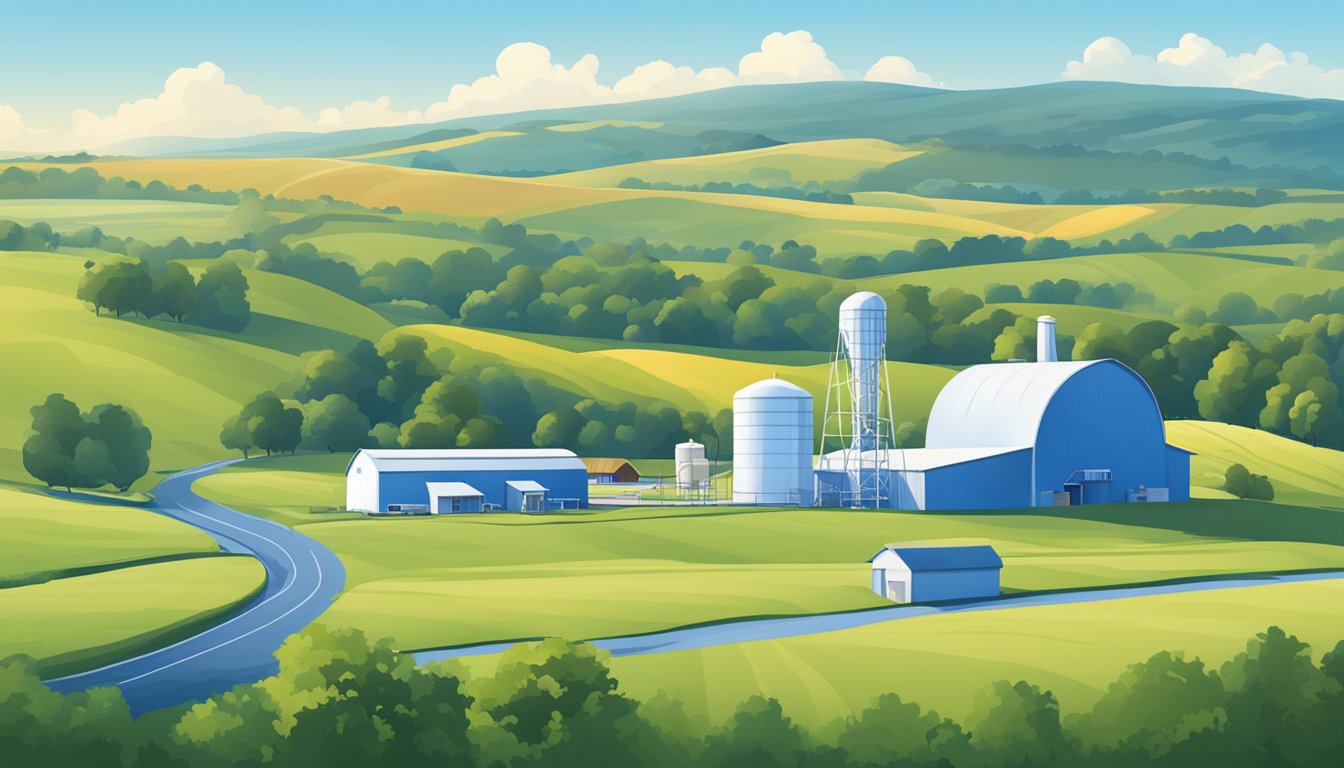 A serene countryside with a modern Blue Bell Creameries facility nestled among rolling hills and a clear blue sky