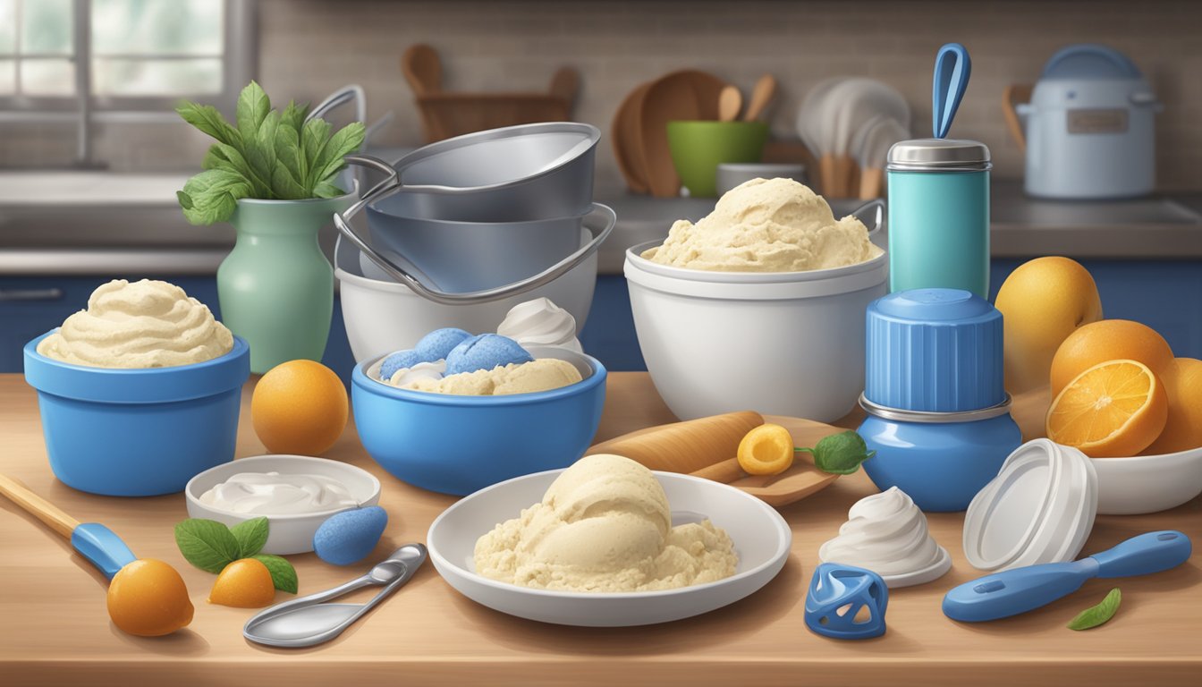 A kitchen counter with a Blue Bell ice cream container, surrounded by various ingredients and cooking utensils