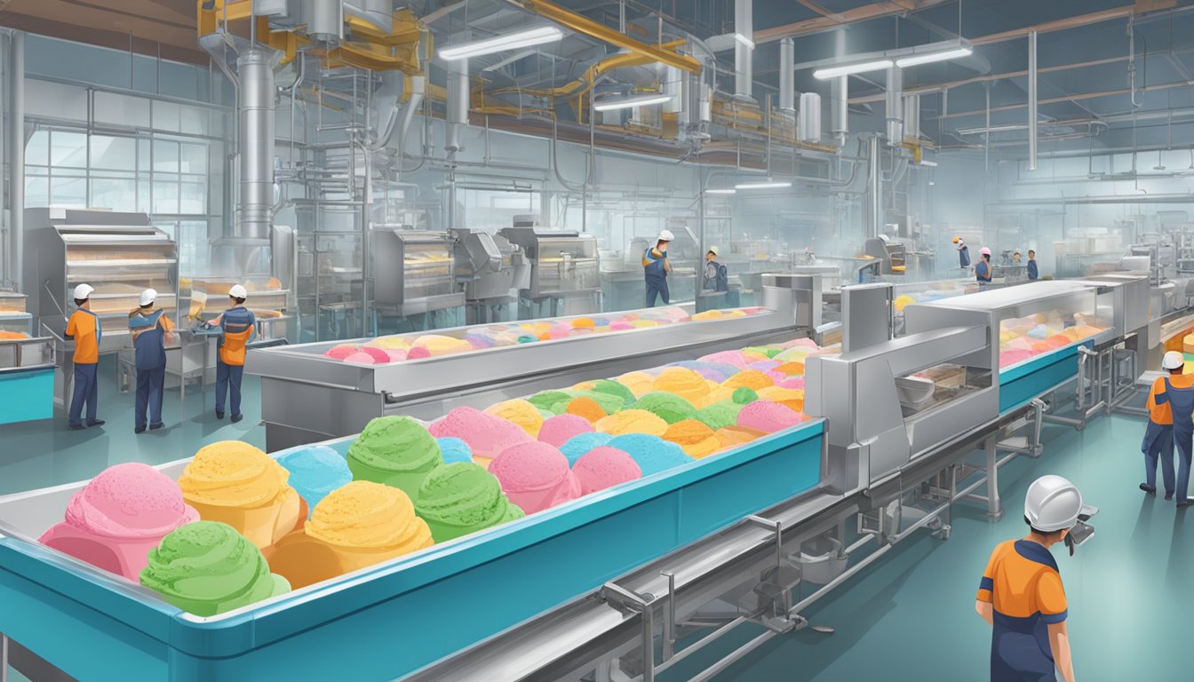 A bustling factory floor with conveyor belts carrying colorful ice cream tubs, workers in uniforms overseeing the production, and large machines churning out ice cream